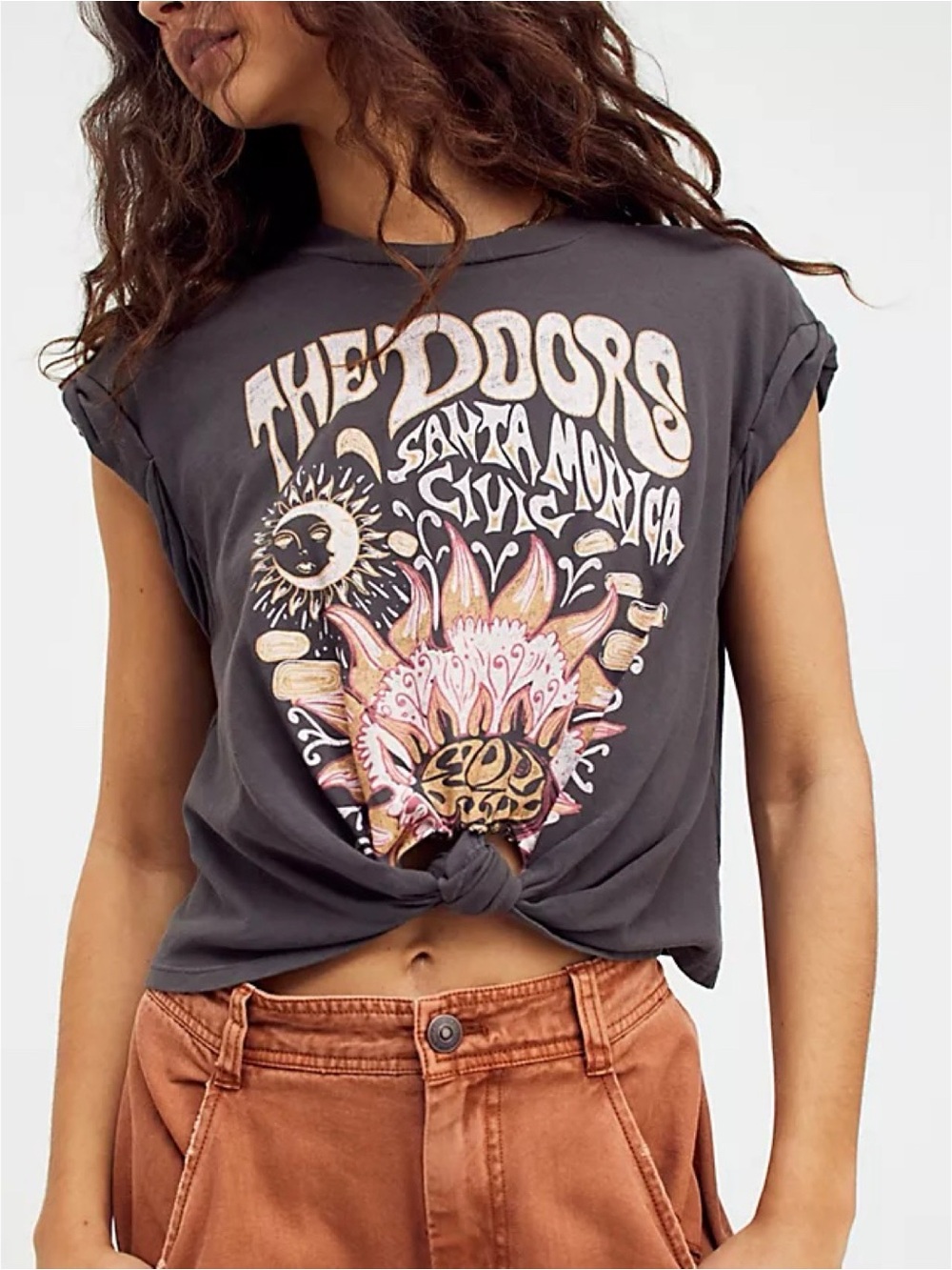 Micas charcoal “The Doors” rolled sleeve knot-detail crop top (medium)
